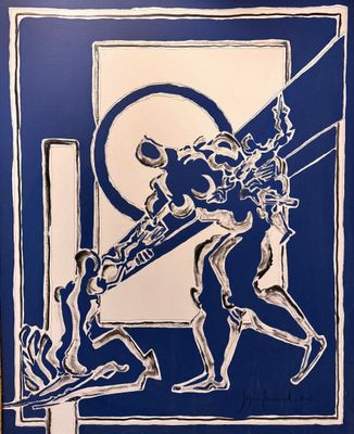 dessin en bleu et blanc représentant un homme tenant une batte de baseball