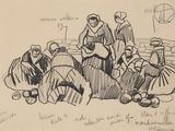 drawing of a group of people standing around a pile of luggage