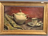 une peinture représentant une théière et une tasse posées sur une table