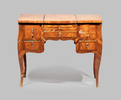 an antique desk with two drawers and a marble top