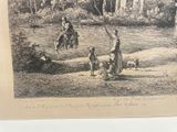 a drawing of a man riding a horse next to a woman and a dog