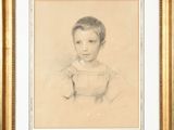 a drawing of a young boy in a dress in a gold frame