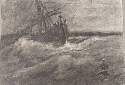 un dessin représentant un navire au milieu de l'océan