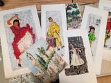 many different pictures of a woman in a red dress