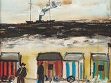 a painting of people standing in front of a train