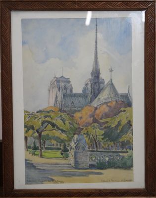 aquarelle encadrée représentant une vue d'une cathédrale dans un parc