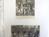 two black and white photos of a group of people and horses