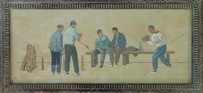 painting of a group of men sitting on a bench in front of a wall