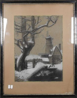 tableau représentant un homme marchant dans la neige devant une église