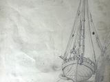 a drawing of a boat in the water on a piece of paper