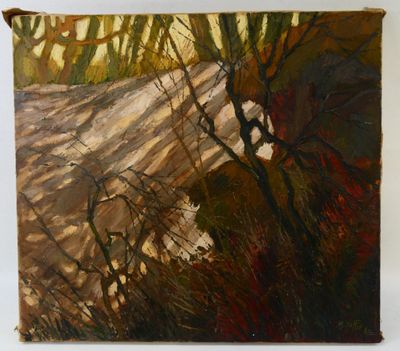 an oil painting of a dirt road with trees in the background