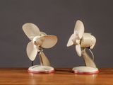 two white fan on a wooden table with a gray background
