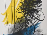 an image of a black and yellow painting on a white wall