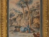 une image représentant un tableau où l'on voit un homme et une femme assis sous un palmier