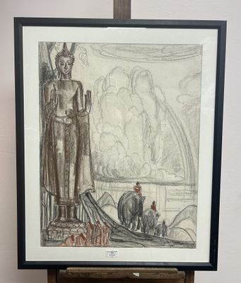 une photo d'un dessin posé sur un chevalet dans une pièce