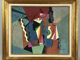 un tableau représentant une femme coiffée d'un chapeau et un homme en costume
