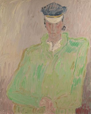 tableau représentant un homme vêtu d'une chemise verte et portant un chapeau