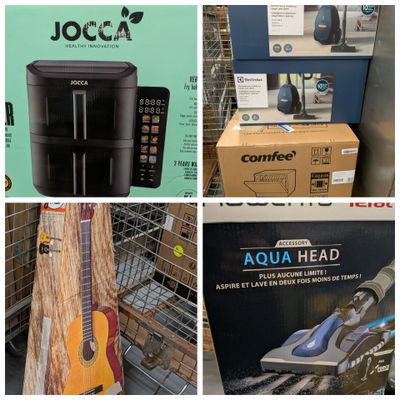plusieurs photos différentes représentant divers articles vendus dans un magasin, notamment une cafetière, une guitare, un étui à guitare et une guitare