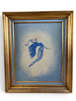 painting of a blue bird flying in the sky in a gold frame