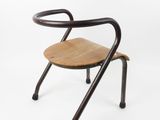 a wooden chair with a metal frame and a wooden seat