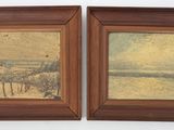 two framed paintings of a landscape with a river and mountains in the background