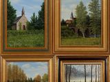 quatre tableaux représentant une église, un pont, une rivière et un champ