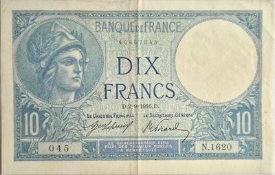 10 francs Minerve 02/9/1916, SUP