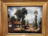 un tableau représentant une scène de vie à la ferme, dans un cadre doré