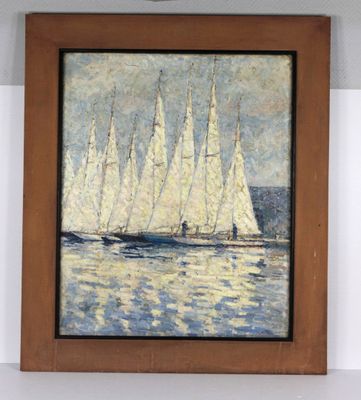 une photo d'un tableau représentant des voiliers sur l'eau