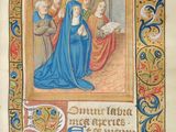 an old book with a painting of a woman in a blue dress