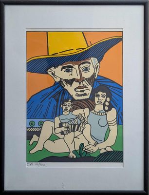painting of a man in a cowboy hat with two children