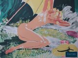 a painting of a woman laying on the ground with an umbrella