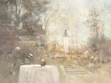 an image of a painting of a person sitting at a table in a park