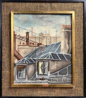 une peinture à l'huile représentant un bâtiment avec une tour horloge en arrière-plan