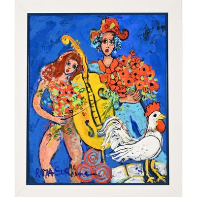 un tableau représentant deux femmes avec des fleurs et une guitare