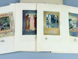 four cards with pictures of women and men on them on a blue background