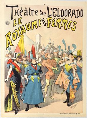 une affiche pour le théâtre d'Eldorao, représentant un homme en robe bleue et une femme en