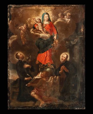 une peinture ancienne représentant une femme tenant un enfant dans ses bras