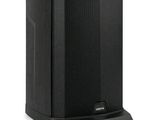 a close up of a black speaker on a white background