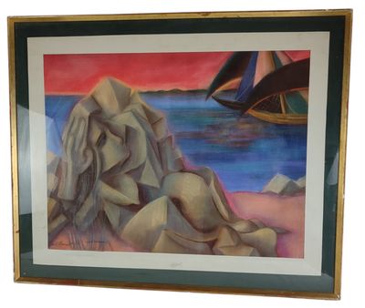 framed painting of a sailboat in the water near rocks