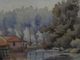 a picture of a painting of a house by the water