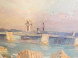 a painting of a bridge over a body of water