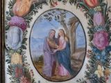 an image of a painting of a woman holding a child in a wreath of flowers