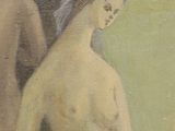 painting of two nudes standing next to each other in front of a tree
