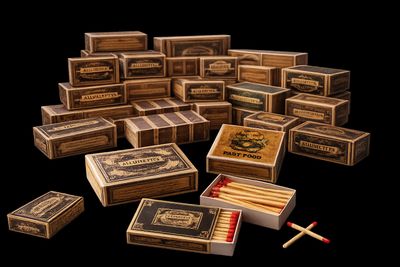 une pile d'allumettes et des boîtes d'allumettes sur fond noir