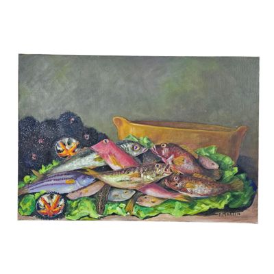 une peinture représentant des poissons dans une assiette, accompagnés de laitue