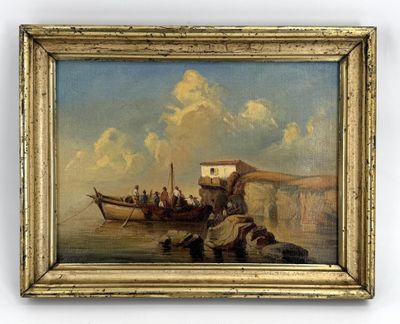 an oil painting of a group of people on a boat in a body of water