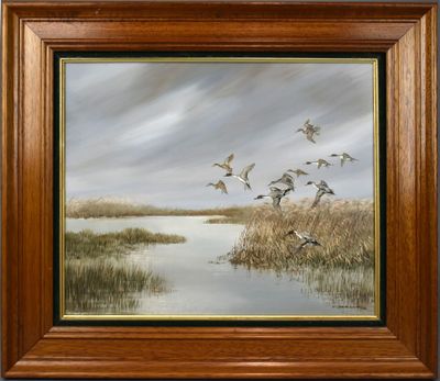 tableau représentant une volée de canards survolant un plan d'eau