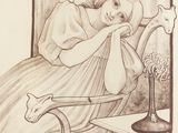 a drawing of a woman sitting in a chair with her hand on her chin
