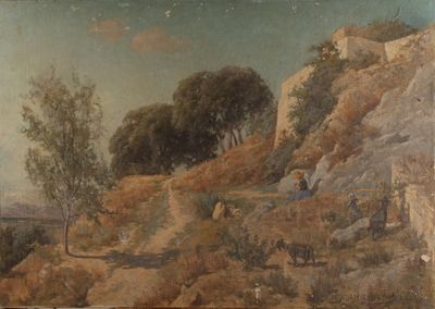 une peinture accrochée au mur d'un immeuble, avec une montagne en arrière-plan
